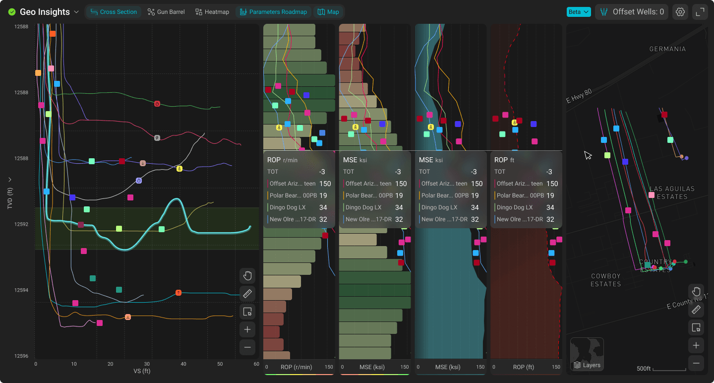 Geo Insights - full app view with well trajectories and formation layers